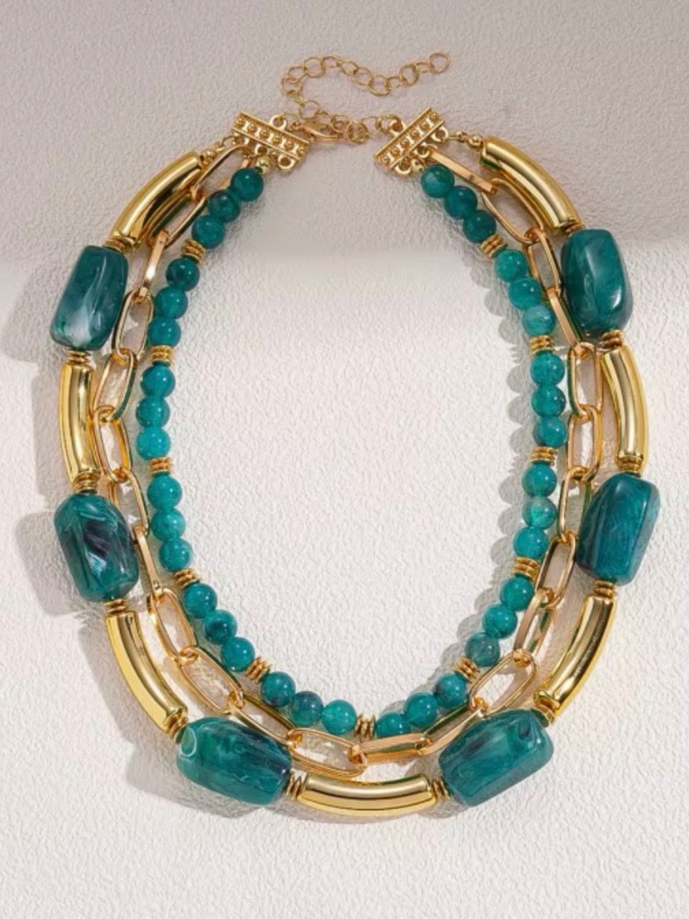 Gold-Plated Multi-Strand Teal Bead Statement Necklace